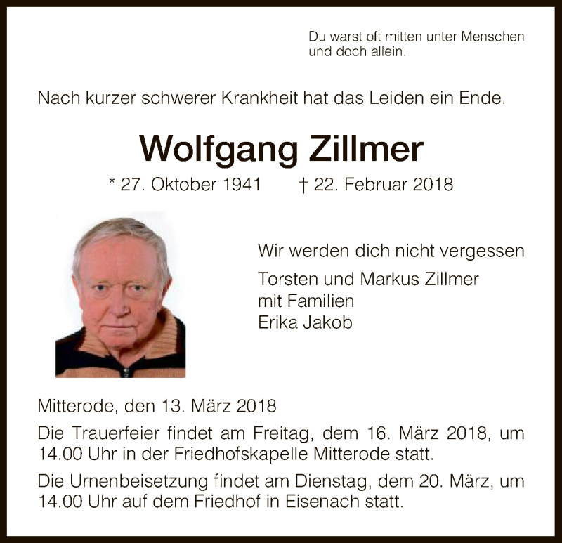  Traueranzeige für Wolfgang Zillmer vom 13.03.2018 aus Eschwege
