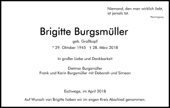 Traueranzeige von Brigitte Burgsmüller von Eschwege