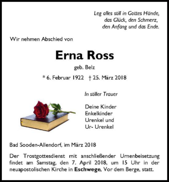 Traueranzeige von Erna Ross von Eschwege