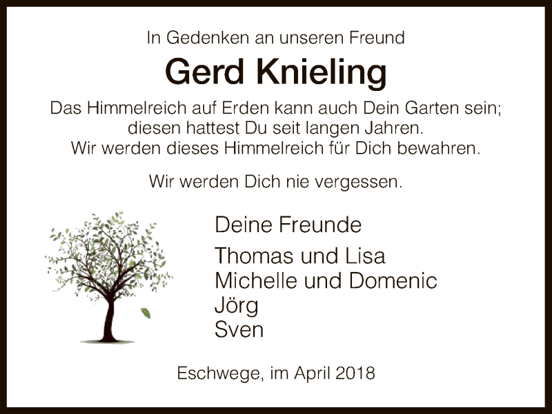  Traueranzeige für Gerd Knieling vom 14.04.2018 aus Eschwege