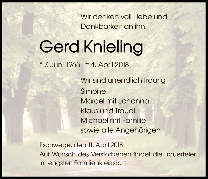  Traueranzeige für Gerd Knieling vom 11.04.2018 aus Eschwege