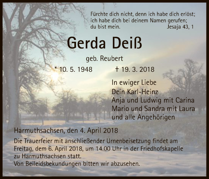  Traueranzeige für Gerda Deiß vom 04.04.2018 aus Eschwege
