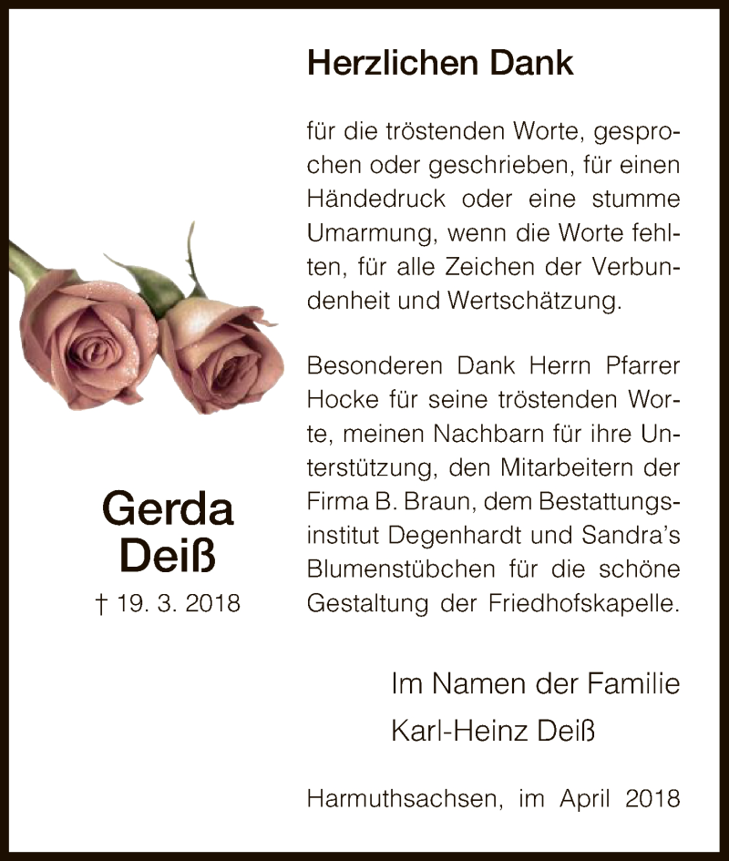  Traueranzeige für Gerda Deiß vom 21.04.2018 aus Eschwege