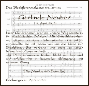 Traueranzeige von Gerlinde Neuber von Eschwege