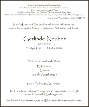 Traueranzeige von Gerlinde Neuber von Eschwege