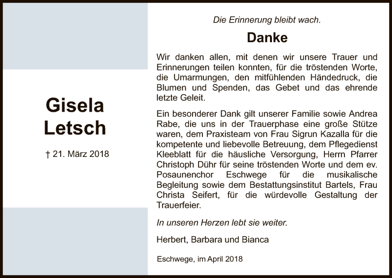 Traueranzeige für Gisela Letsch vom 14.04.2018 aus Eschwege