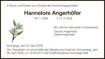 Traueranzeige von Hannelore Angerhöfer von Eschwege