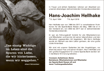 Traueranzeige von Hans-Joachim Hellhake von Eschwege