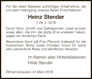 Traueranzeige von Heinz Stender von Eschwege