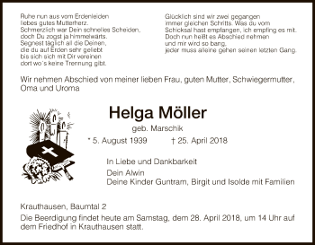 Traueranzeige von Helga Möller von Eschwege