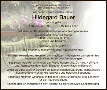 Traueranzeige von Hildegard Bauer von Eschwege