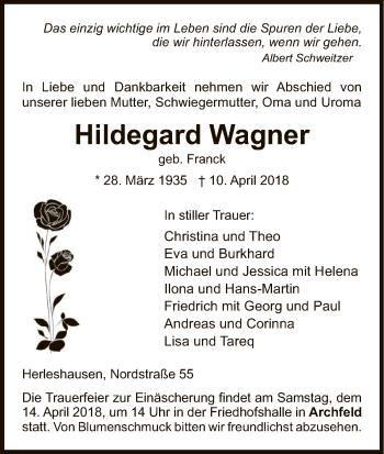 Traueranzeige von Hildegard Wagner von Eschwege