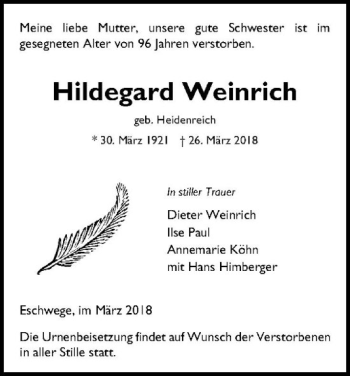 Traueranzeige von Hildegard Weinrich von Eschwege