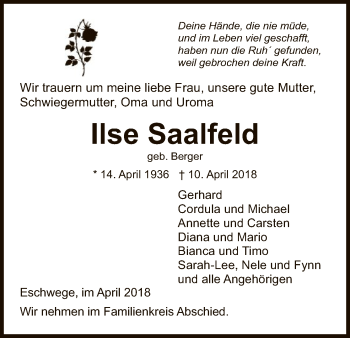 Traueranzeige von Ilse Saalfeld von Eschwege