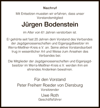 Traueranzeige von Jürgen Bodenstein von Eschwege