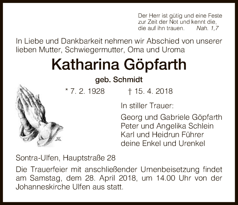  Traueranzeige für Katharina Göpfarth vom 21.04.2018 aus Eschwege