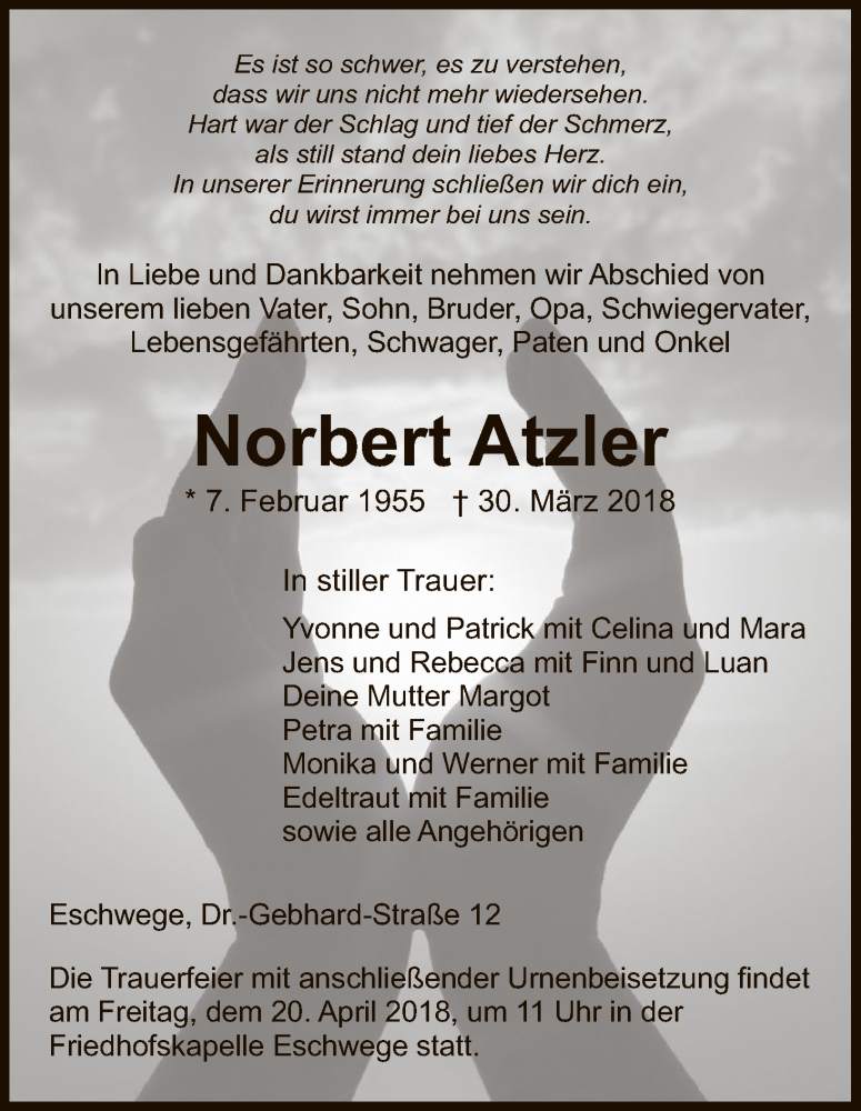  Traueranzeige für Norbert Atzler vom 14.04.2018 aus Eschwege