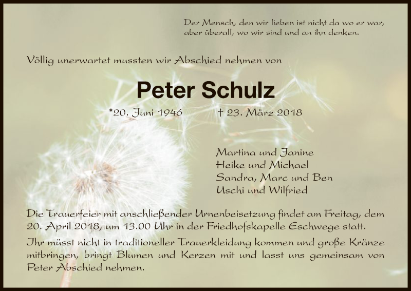  Traueranzeige für Peter Schulz vom 07.04.2018 aus Eschwege