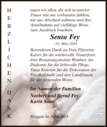 Traueranzeige von Senta Fey von Eschwege