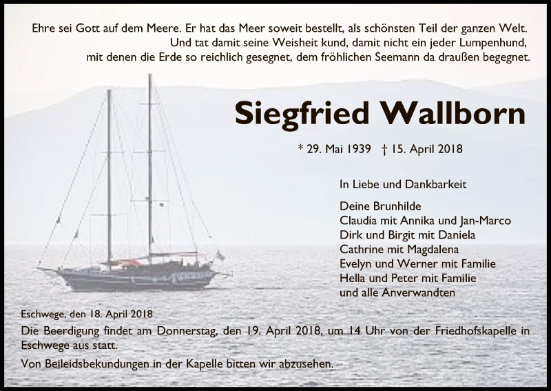 Traueranzeige für Siegfried Wallborn vom 18.04.2018 aus Eschwege