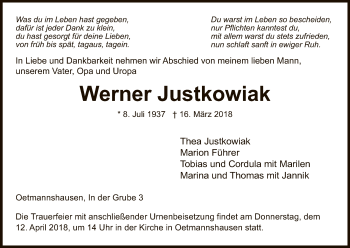 Traueranzeige von Werner Justkowiak von Eschwege