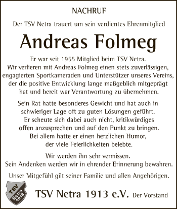 Traueranzeige von Andreas Folmeg von Eschwege