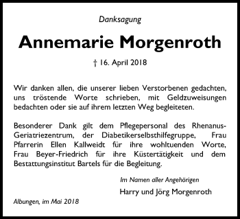 Traueranzeige von Annemarie Morgenroth von Eschwege