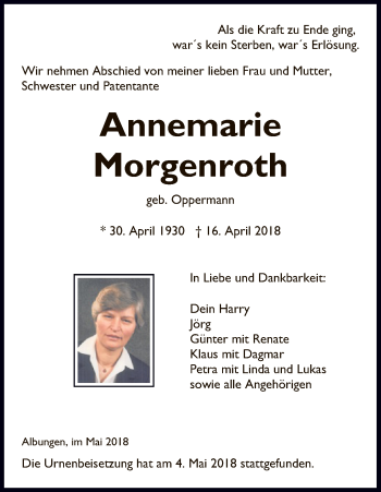 Traueranzeige von Annemarie Morgenroth von Eschwege