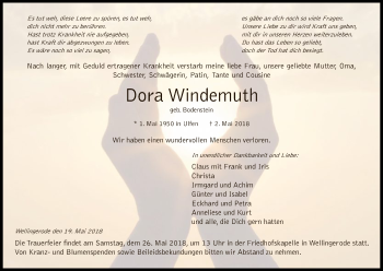 Traueranzeige von Dora Windemuth von Eschwege