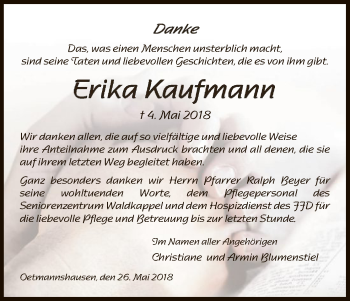 Traueranzeige von Erika Kaufmann von Eschwege