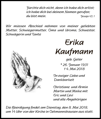 Traueranzeige von Erika Kaufmann von Eschwege