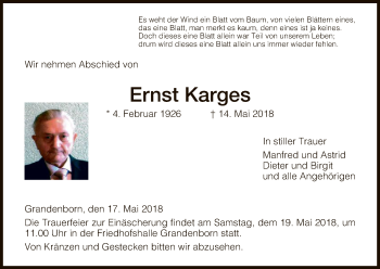 Traueranzeige von Ernst Karges von Eschwege