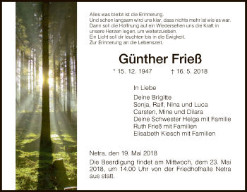 Traueranzeige von Günther Frieß von Eschwege