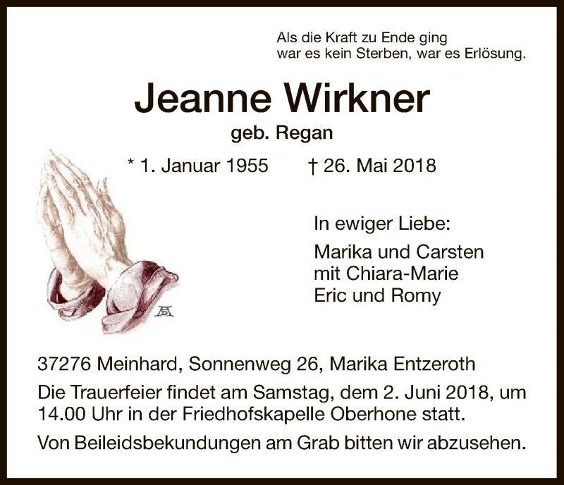  Traueranzeige für Jeanne Wirkner vom 30.05.2018 aus Eschwege