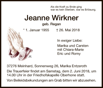 Traueranzeige von Jeanne Wirkner von Eschwege