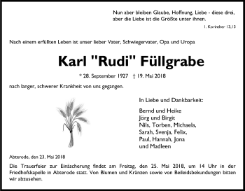 Traueranzeige von Karl  Füllgrabe von Eschwege