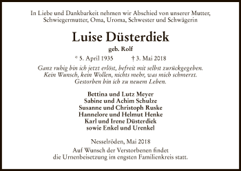 Traueranzeige von Luise Düsterdiek von Eschwege