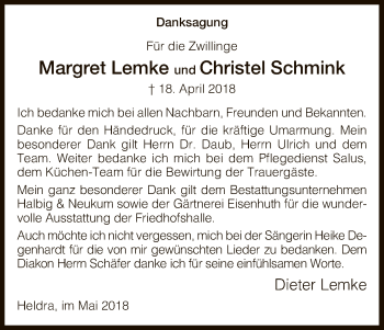 Traueranzeige von Margret und Christel  von Eschwege