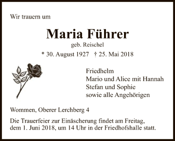 Traueranzeige von Maria Führer von Eschwege