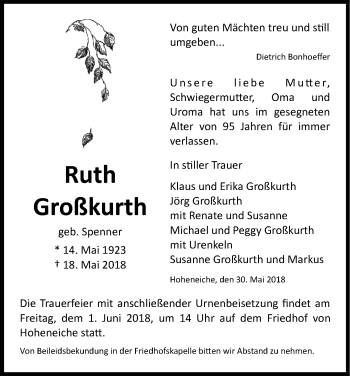 Traueranzeige von Ruth Großkurth von Eschwege