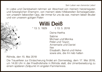 Traueranzeige von Willi Deiß von Eschwege