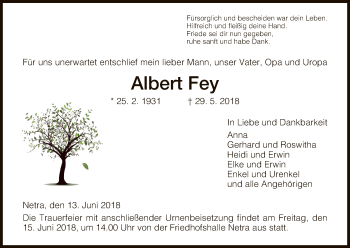 Traueranzeige von Albert Fey von Eschwege