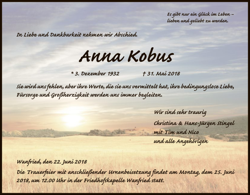  Traueranzeige für Anna Kobus vom 22.06.2018 aus Eschwege