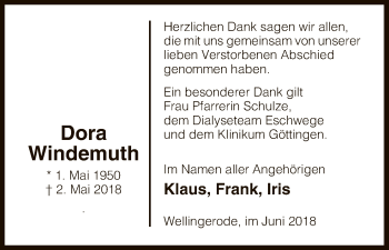 Traueranzeige von Dora Windemuth von Eschwege