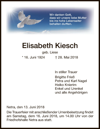 Traueranzeige von Elisabeth Kiesch von Eschwege