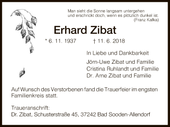 Traueranzeige von Erhard Zibat von Eschwege