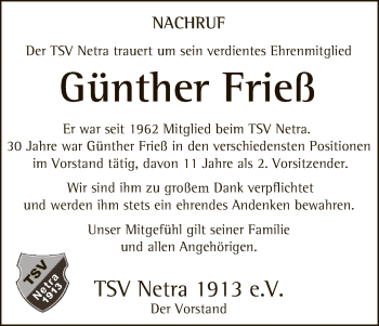 Traueranzeige von Günther Frieß von Eschwege