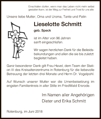 Traueranzeige von Lieselotte Schmitt von Eschwege