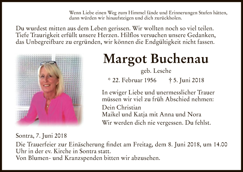  Traueranzeige für Margot Buchenau vom 07.06.2018 aus Eschwege