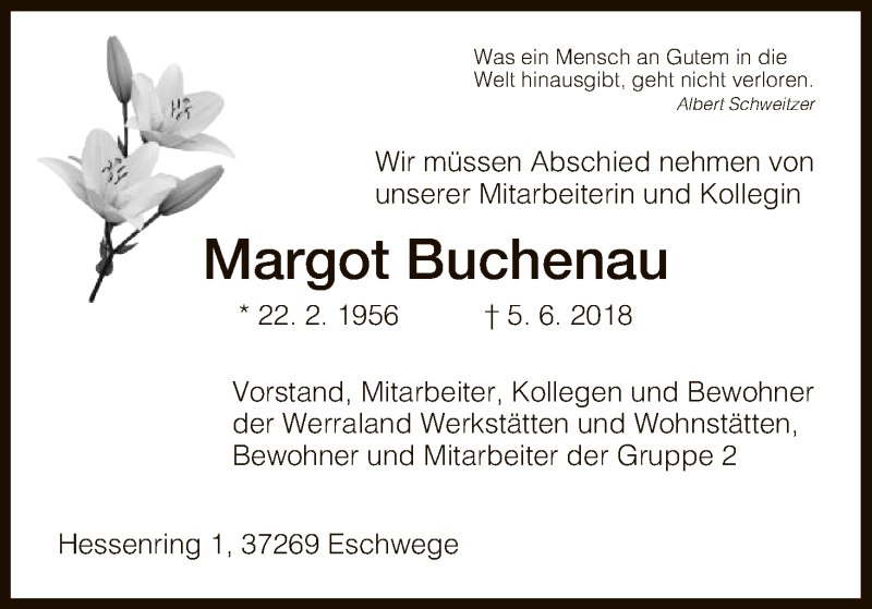  Traueranzeige für Margot Buchenau vom 08.06.2018 aus Eschwege